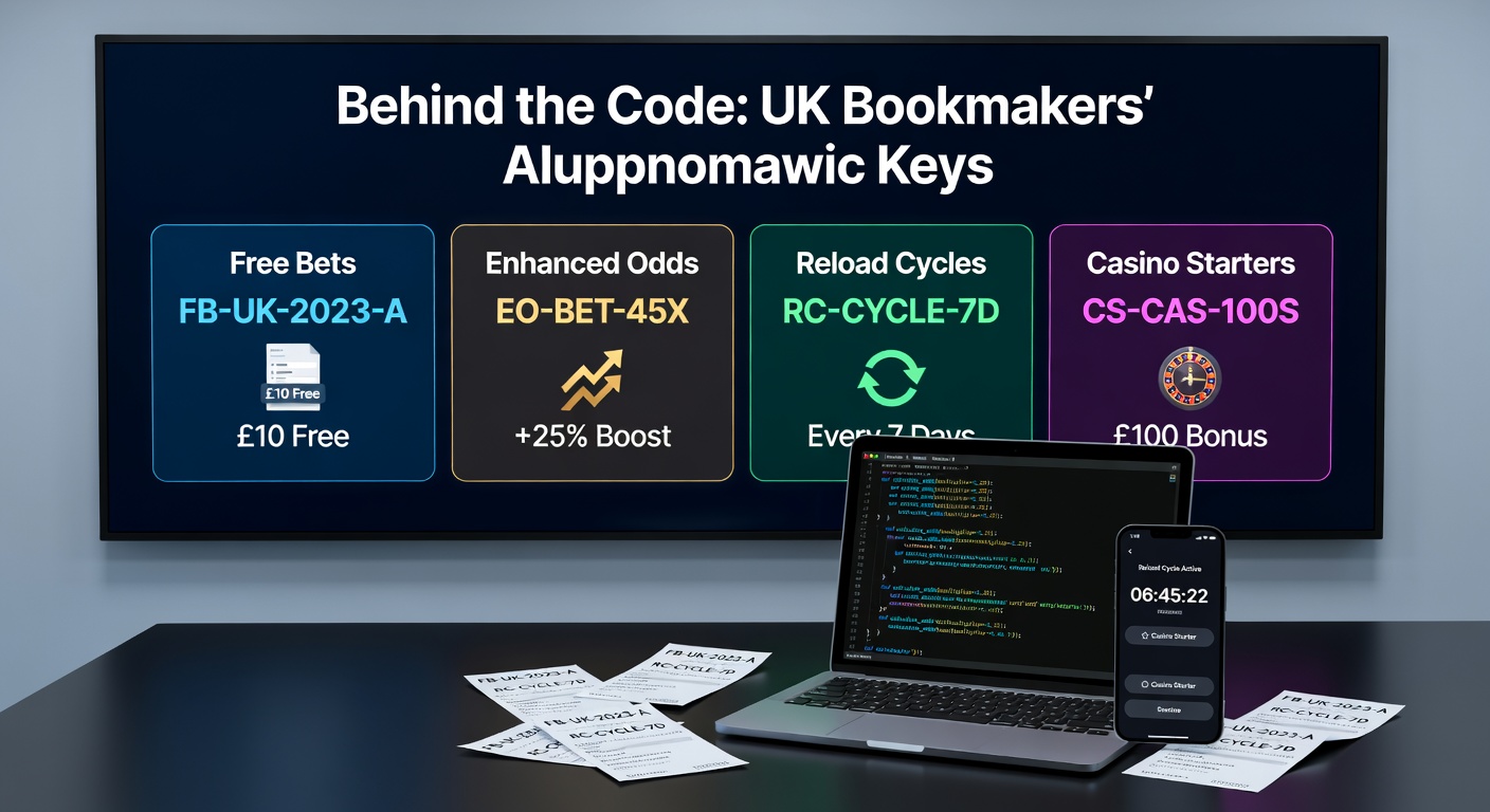 Digital lock unlocking a cascade of betting icons representing free bets, enhanced odds, reload offers, and casino bonuses through alphanumeric codes