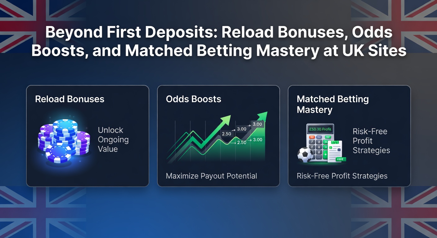 UK betting sites displaying reload bonus offers and odds boosts on mobile screens, highlighting ongoing promotions beyond welcome deals