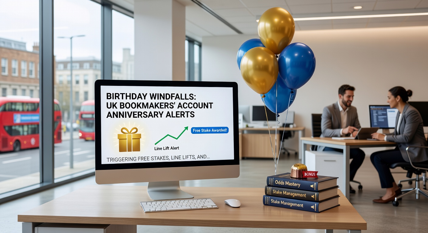 Laptop view of UK betting dashboard highlighting account anniversary rewards including free bet token and casino credit balance