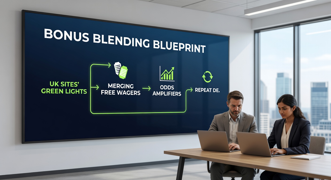 Infographic illustrating bonus blending flowchart: free bet to odds boost to reload to slot trial on a UK site interface