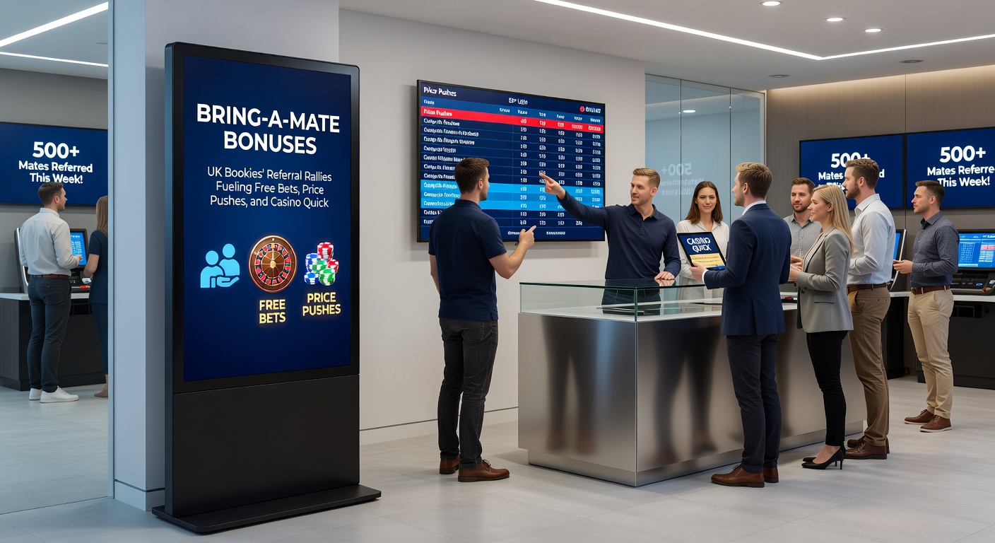 Friends high-fiving over mobile phones displaying successful referral bonuses and enhanced odds notifications from UK betting apps