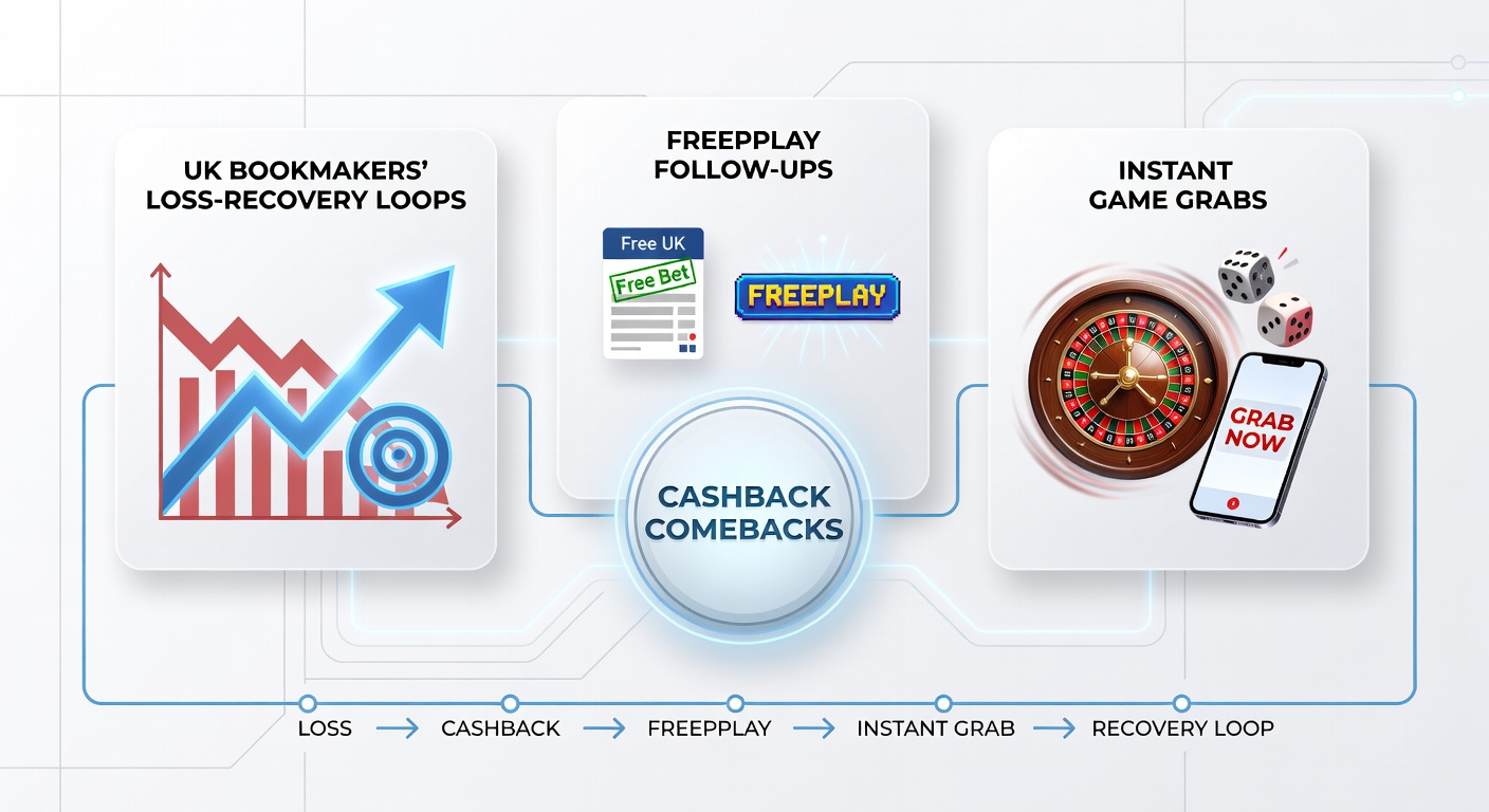 Graphic illustrating a looping arrow from betting losses back to cashback rewards on a UK bookmaker interface, highlighting recovery cycles with free bet icons and casino game thumbnails