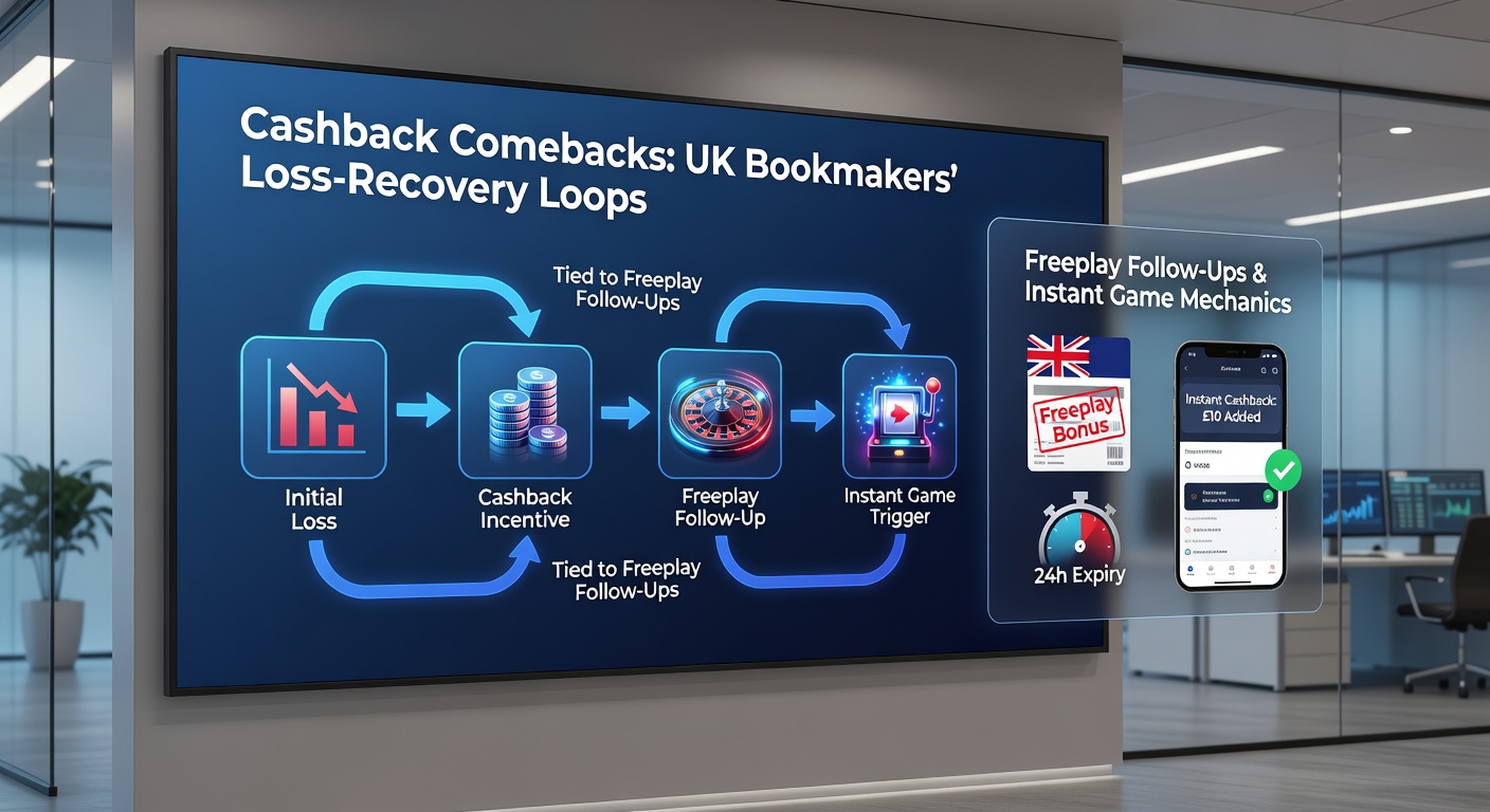 Screenshot of a UK bookmaker's cashback dashboard showing loss recovery credited as free bet tokens, with links to instant casino games and upcoming sports events