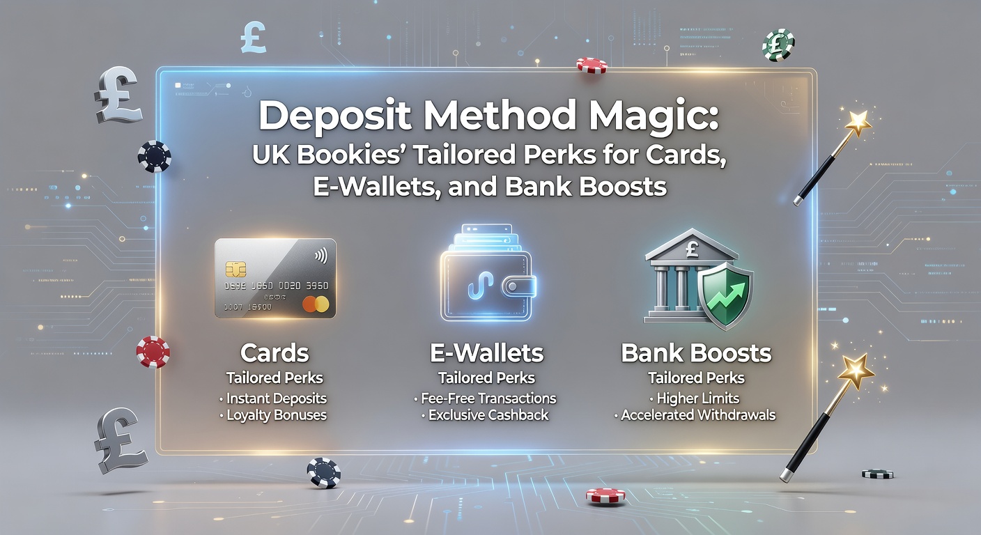 Illustration of UK betting sites highlighting deposit method bonuses with cards, e-wallets, and bank transfer icons glowing with perk symbols
