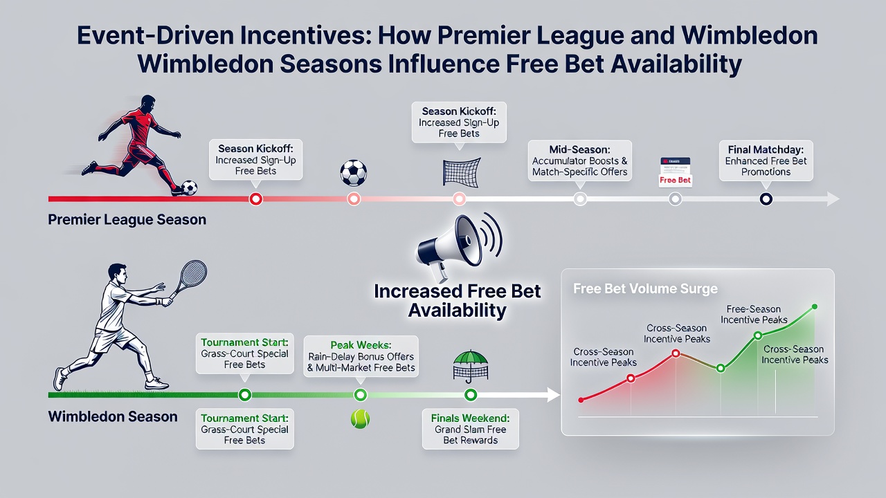 Infographic showing seasonal spikes in free bet and odds boost campaigns during Premier League and Wimbledon periods