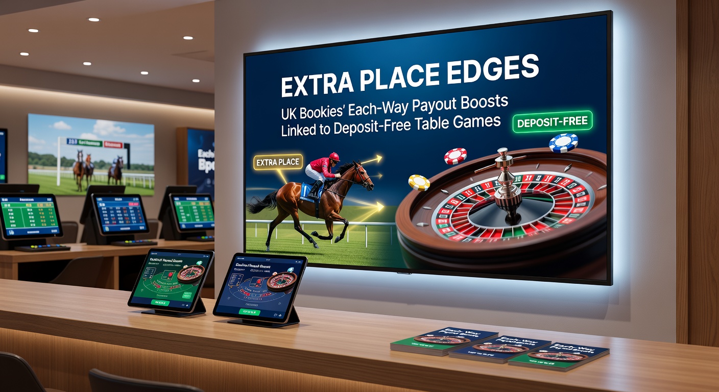 Screenshot-style graphic of a UK bookmaker promo page displaying extra places for a golf tournament alongside no-deposit table game bonuses, with terms highlighted
