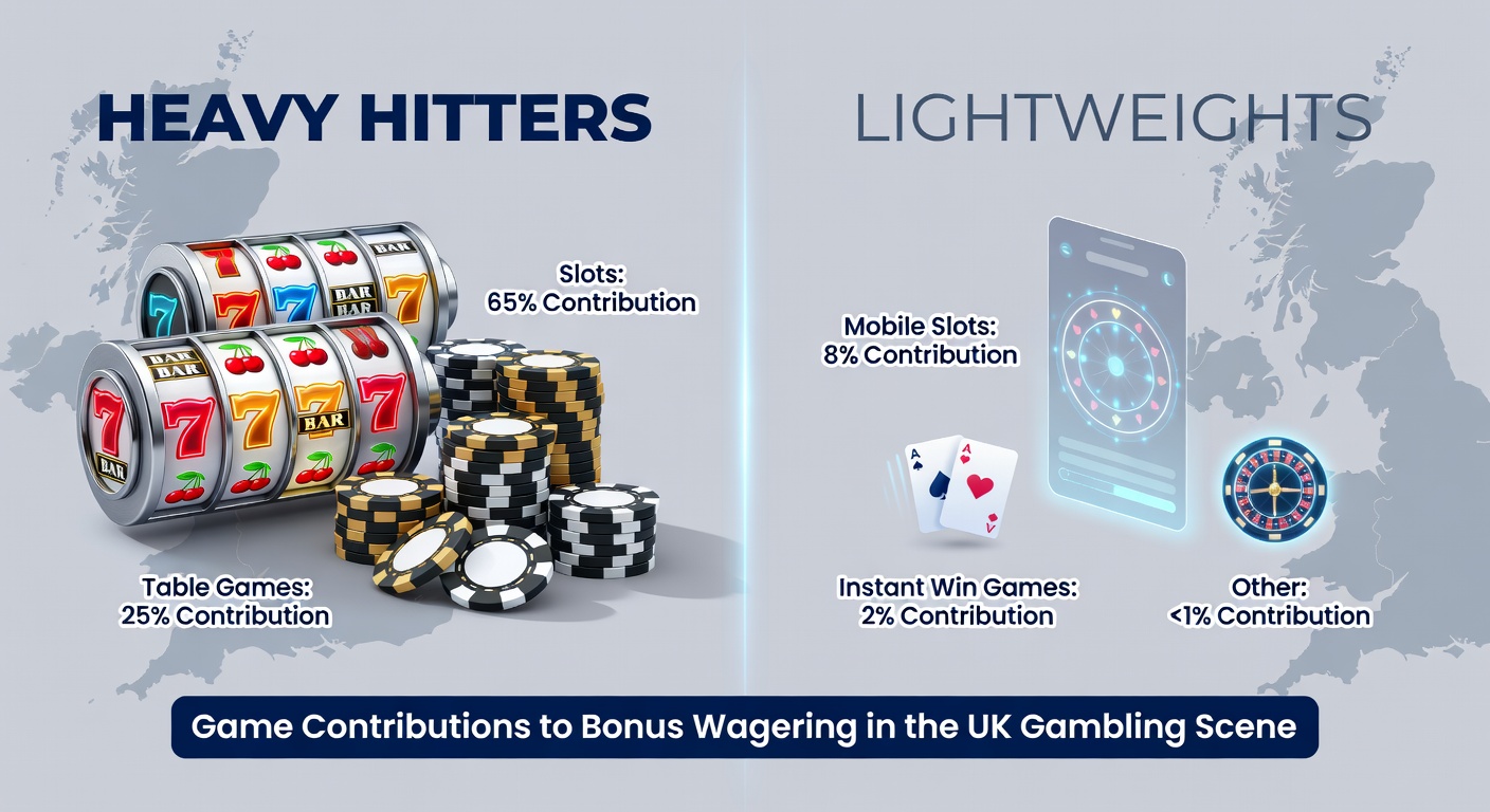 Comparison chart of wagering contributions: slots at 100% versus blackjack and roulette at low percentages in UK gambling