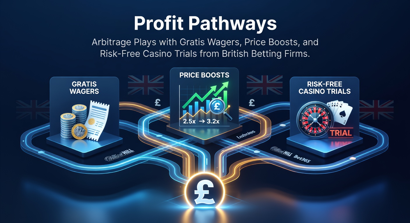 Visual diagram showing arbitrage opportunities using free bets and boosted odds from UK betting platforms, with arrows indicating profit flows between outcomes