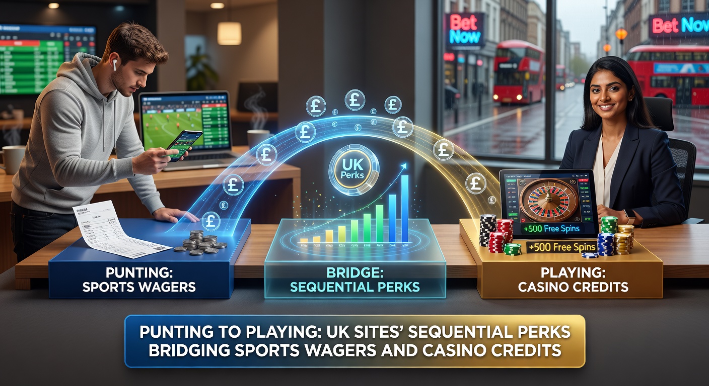Digital graphic showing a pathway from sports betting icons like footballs and horses to casino slots and tables, symbolizing reward progression on UK platforms
