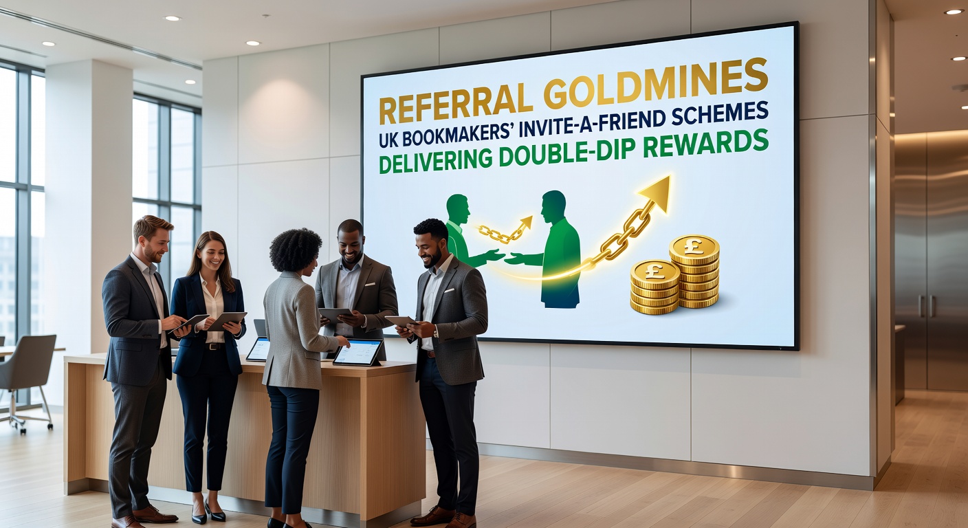 Illustration of two friends sharing a betting app on their phones, with golden coins and reward icons floating around them, symbolizing mutual referral bonuses from UK bookmakers