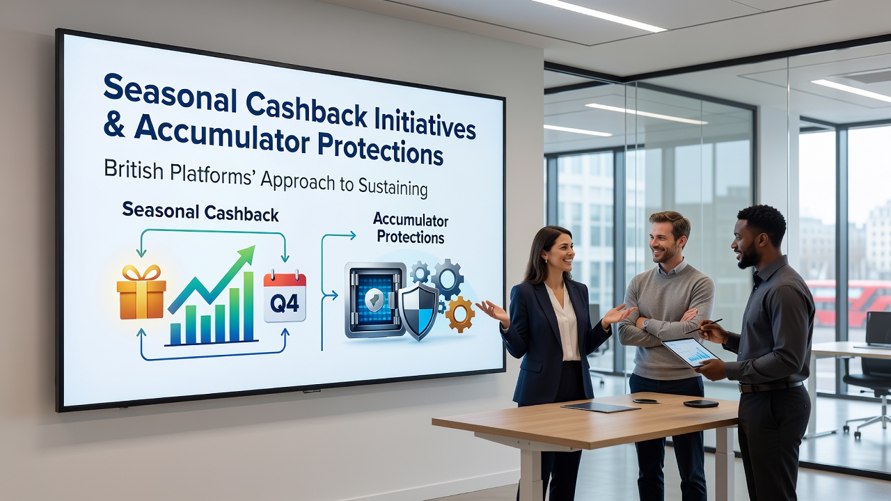 Detailed view of accumulator bet slip with protection badge alongside seasonal cashback dashboard on a UK betting app interface
