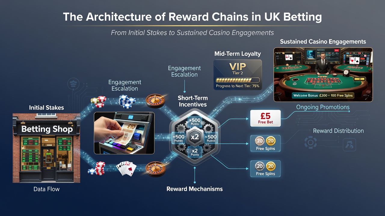 Flowchart detailing how sports betting rewards convert into casino credits and ongoing engagement loops at UK operators