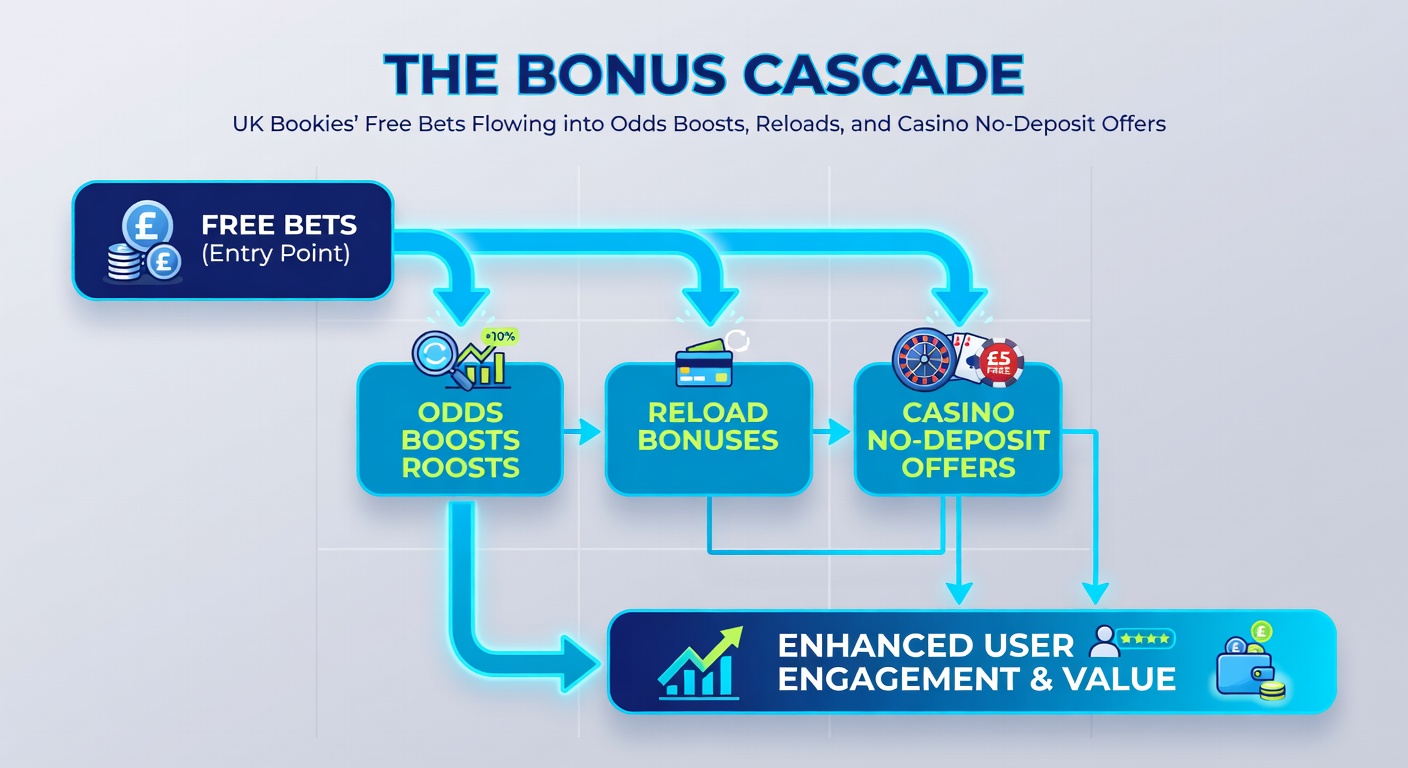 Diagram showing the sequential flow of bonuses in UK bookmakers, from initial free bets cascading down to odds boosts, reloads, and culminating in casino no-deposit spins