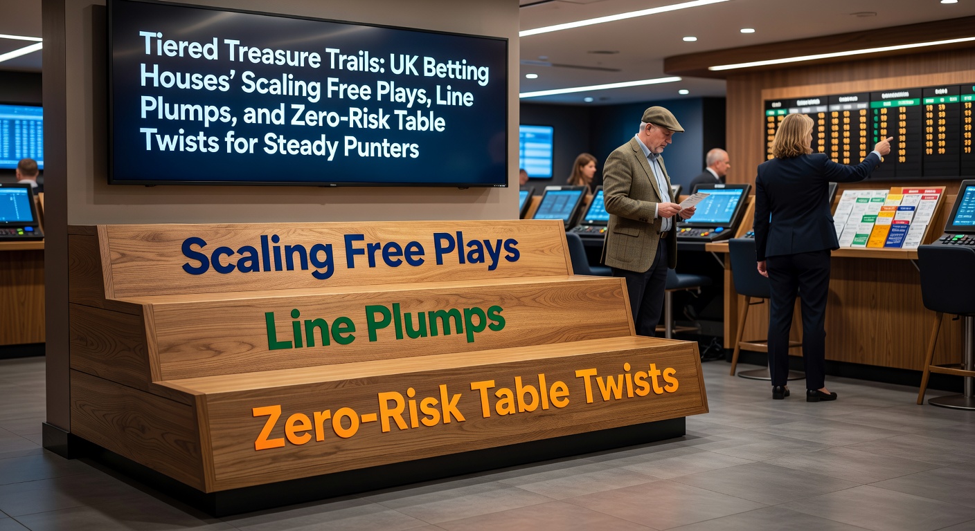Graphic showing layered loyalty tiers in UK betting platforms with icons for free bets, boosted odds, and casino risk-free plays climbing a treasure trail