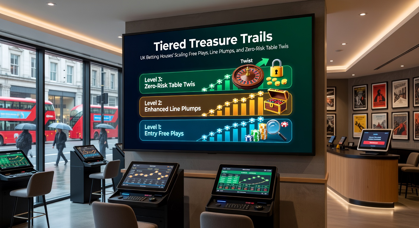 Illustration of a punter navigating tiered paths with treasure chests spilling free bets, odds boosts, and casino chips at escalating levels