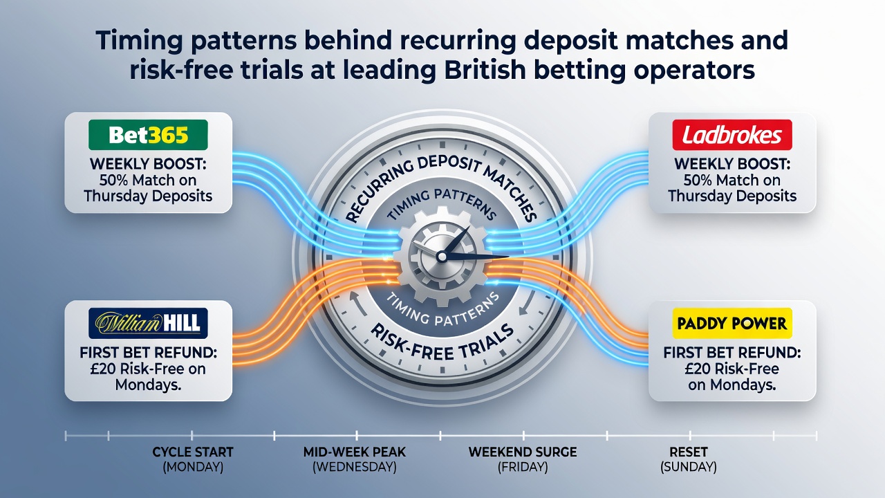 Infographic showing monthly cycles and weekly timing for deposit match promotions across UK betting platforms
