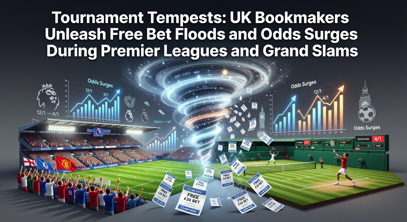 Packed Premier League stadium under floodlights with overlaid betting promotions showing free bets and boosted odds flashing across screens
