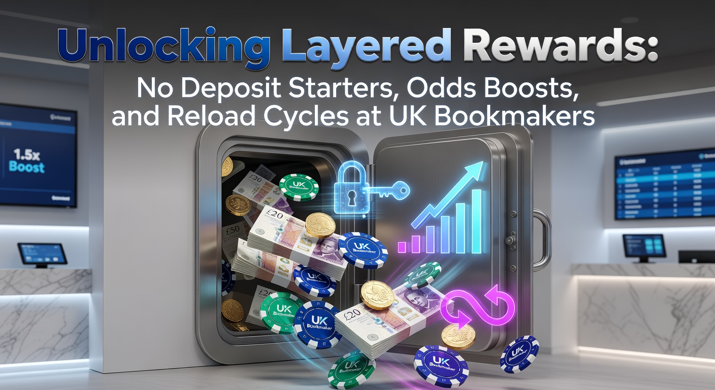 UK bookmaker app displaying a no deposit starter offer with layered reward icons for odds boosts and reload cycles